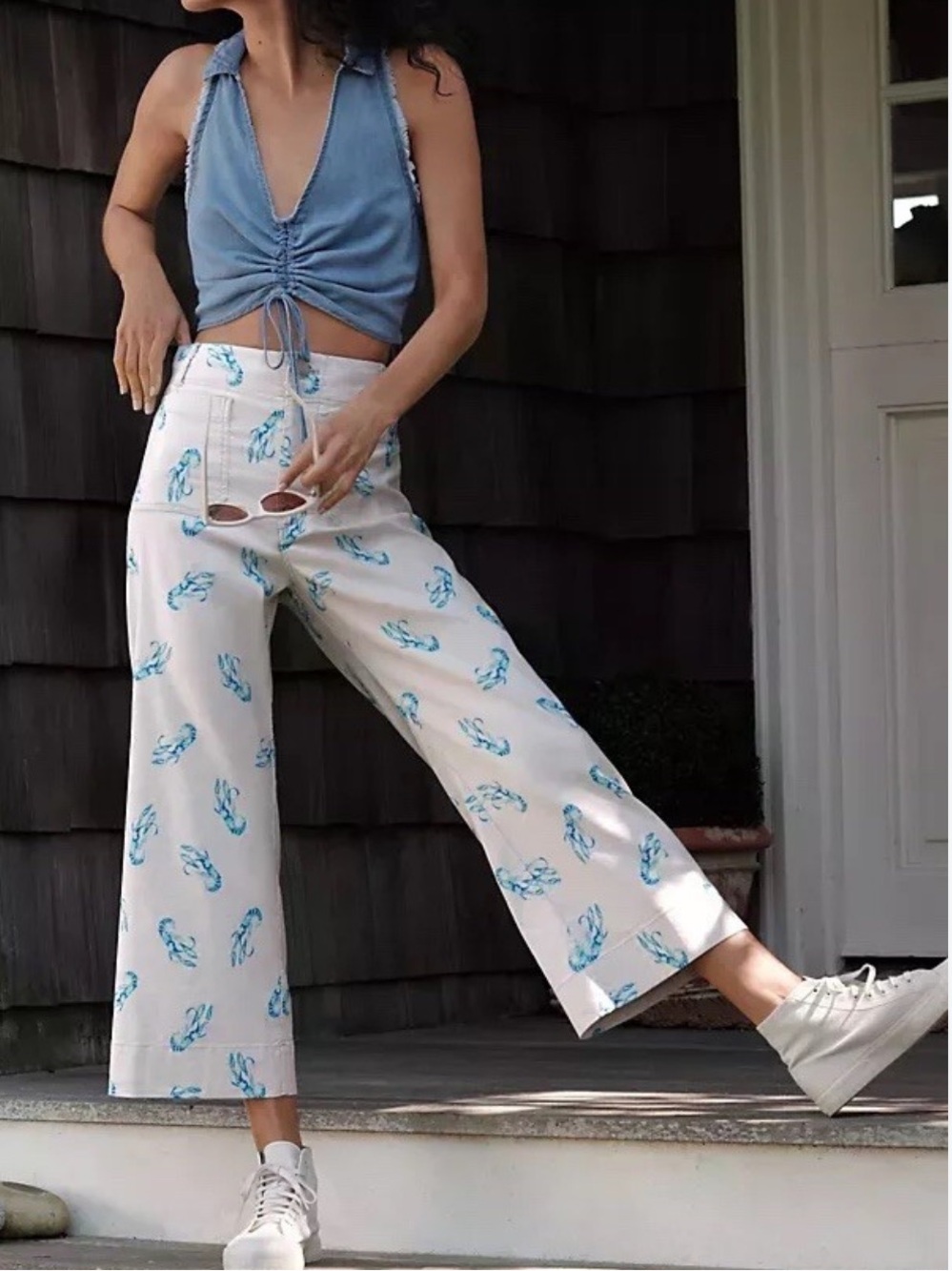 Maeve Anthropologie The Colette Blue Lobster Linen Cropped Wide Leg Pants 26